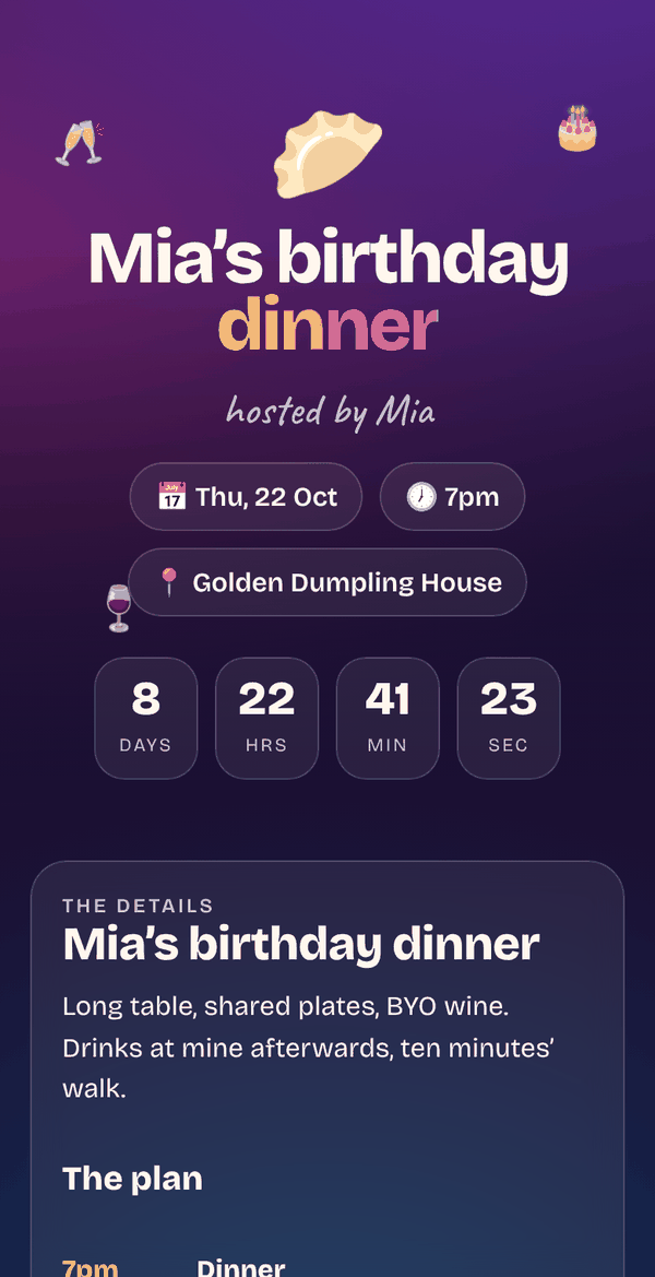 The sample event page on a phone: Mia’s birthday dinner at Golden Dumpling House, with the date, time and a countdown.
