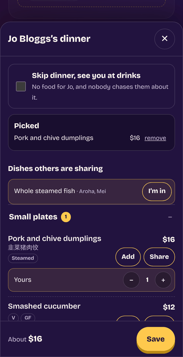 Ordering on a phone: pork and chive dumplings added, a whole steamed fish others are sharing, and a running estimate of 16 dollars.